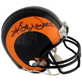 Kurt Warner St. Louis Rams Signierter Riddell Retro 1981 - 1999 Minihelm mit "HOF 17" Widmung